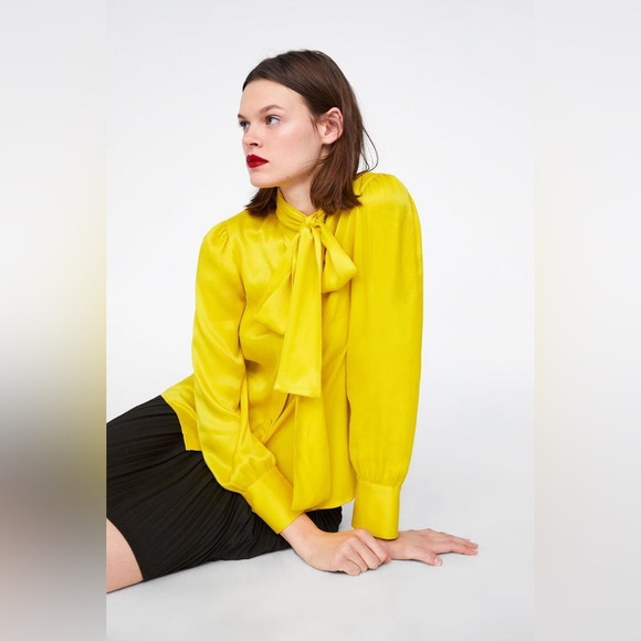 Zara Tops - Zara yellow satin viscose neck bow tie detail button up blouse, size medium